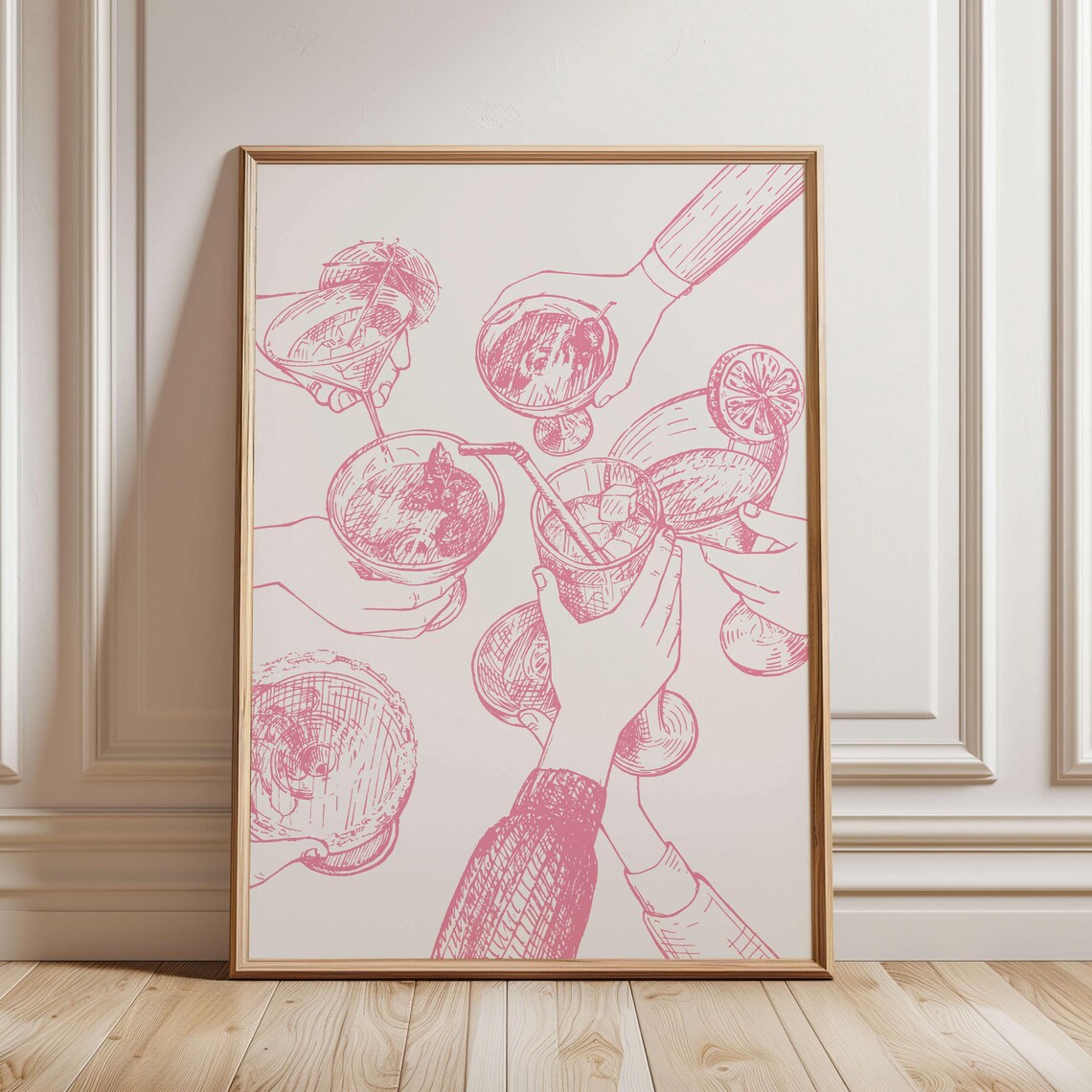 Pink Cheers Cocktail Line Art Bar Cart Retro Drink Party Poster