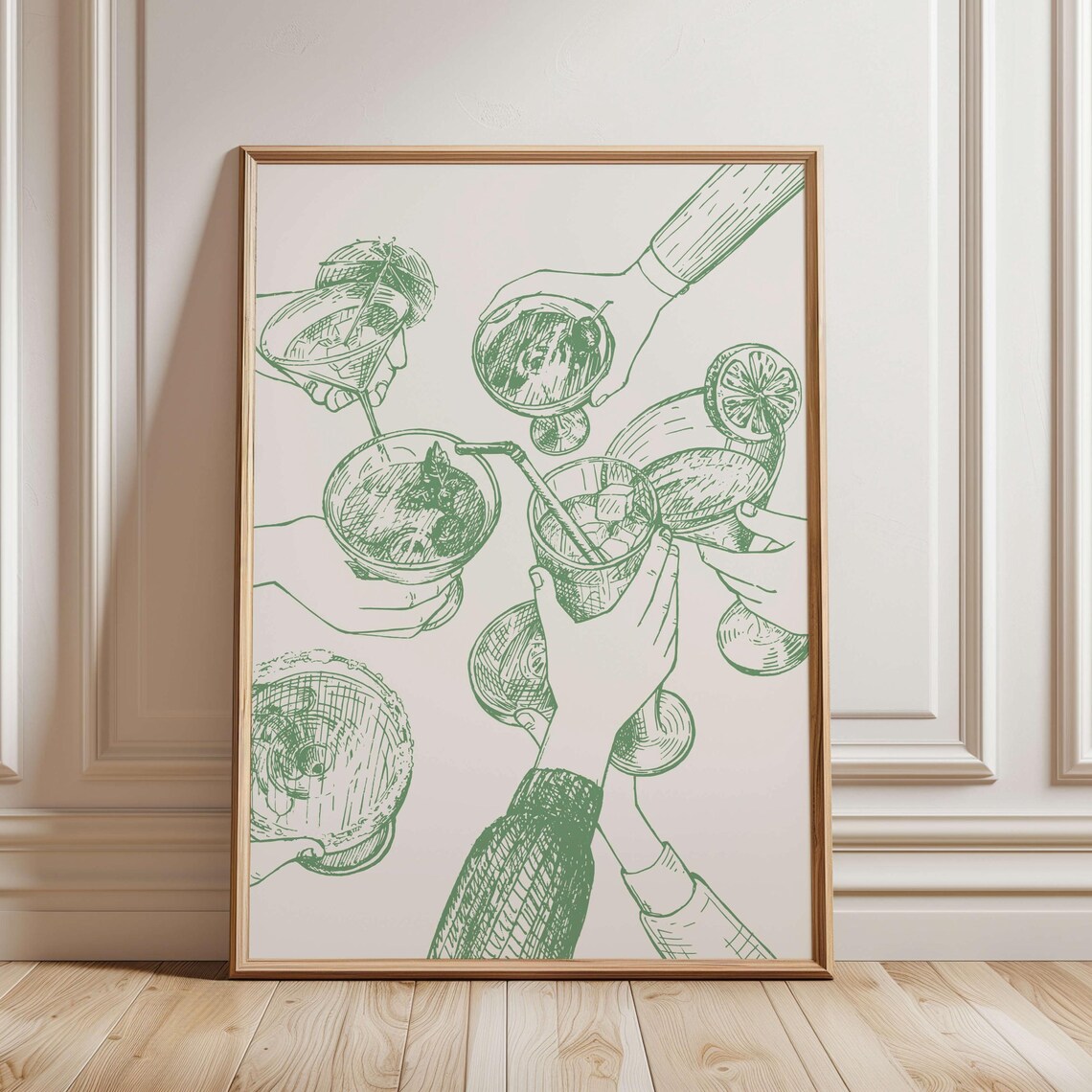 Sage Cheers Cocktail Print, Retro Bar Cart Decor