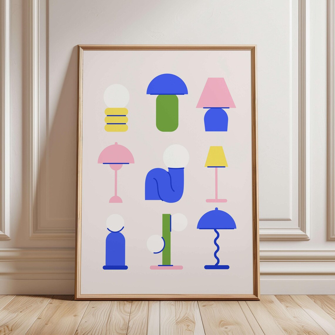 Nine Colorful Mid Century Lamps Geometric Minimalist Art Poster
