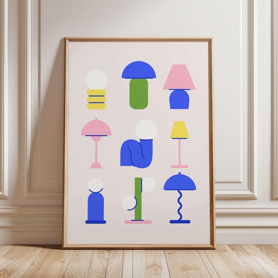 Mid Century Lamps Print Bar Cart Wall Art Eclectic Colorful Posters Retro