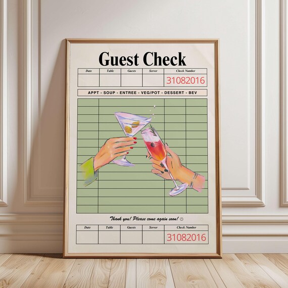 Guest Check Retro Cocktail Illustration Cheers Martini Bar Cart Poster