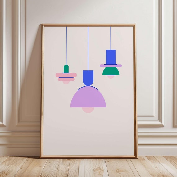 Mid Century Lamp Print Bar Cart Wall Art Eclectic Colorful Posters Retro