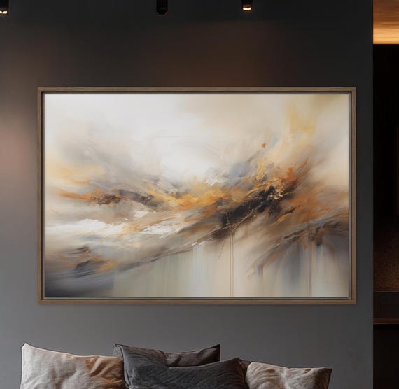 Abstract Golden Clouds Framed Art Neutral Wall Decor Modern Earth Tones Painting Elegant Artwork For Living Room Or Office