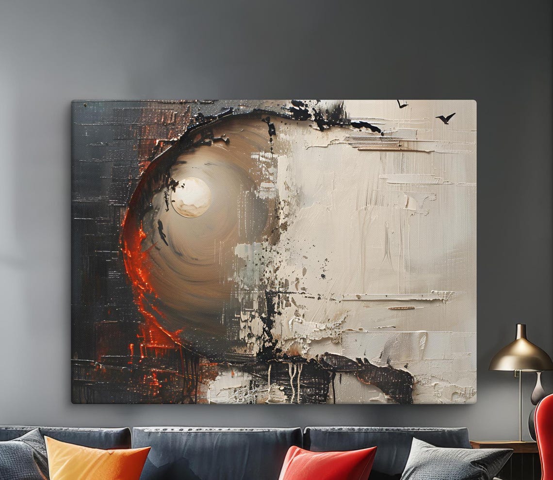 Textured Abstract Dawn Sunrise Birds Over Water Painting Wall Art