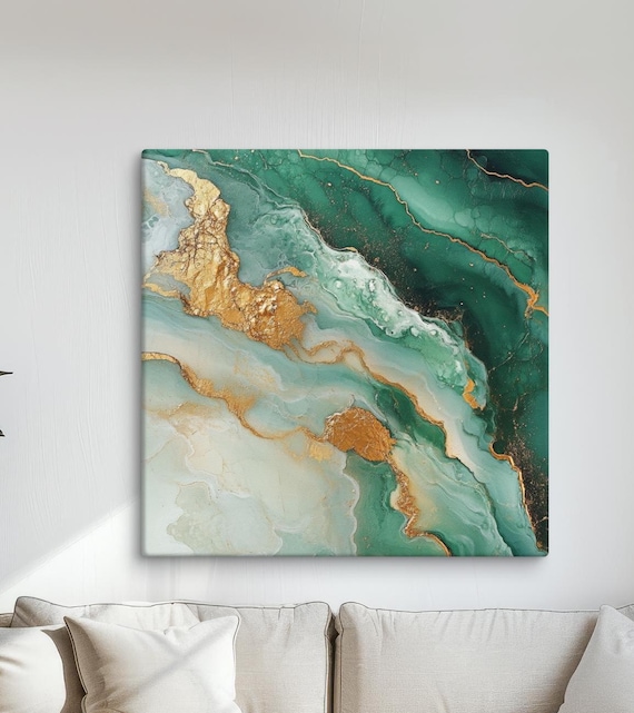 Abstract Emerald Green And Gold Art Marble Inspired Painting Modern Textured Wall Decor Ready To Hang Luxury Home Decor