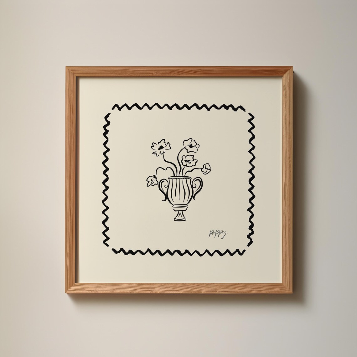 Black Line Art Poppies Urn Vase Zigzag Border Minimalist Wall Poster