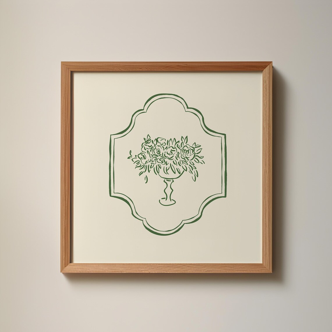 Forest Green Line Art Floral Vase Ogee Frame Minimalist Wall Poster