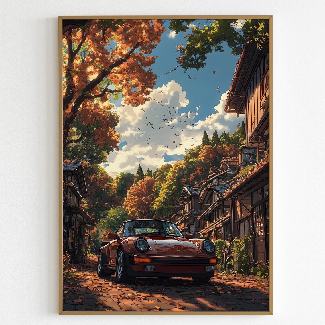 Rust Red Porsche 911 Autumn Japanese Village Street Scene Poster