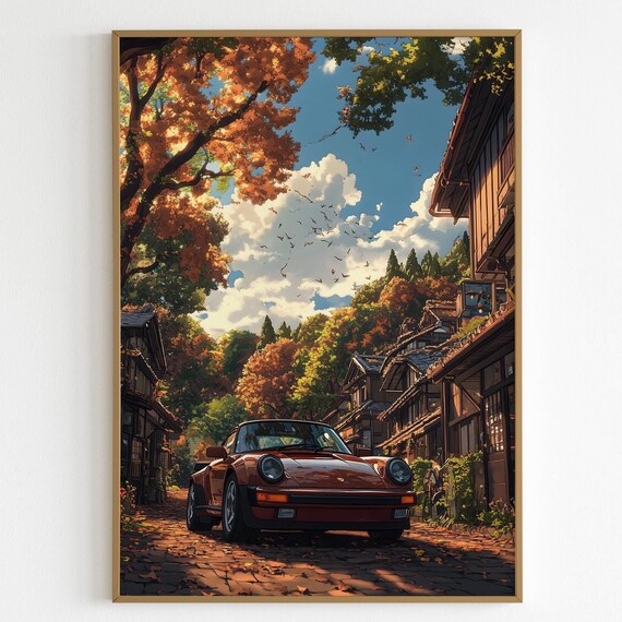 Rust Red Porsche 911 Autumn Japanese Village Street Scene Poster