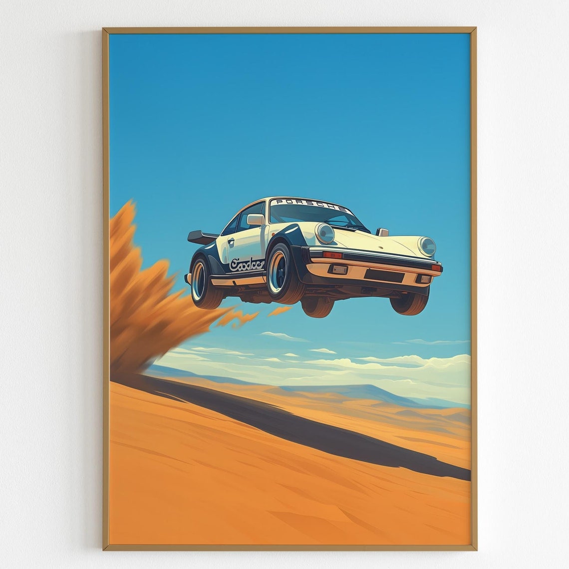 White Porsche 911 Rally Car Jumping Desert Dune Modern Poster