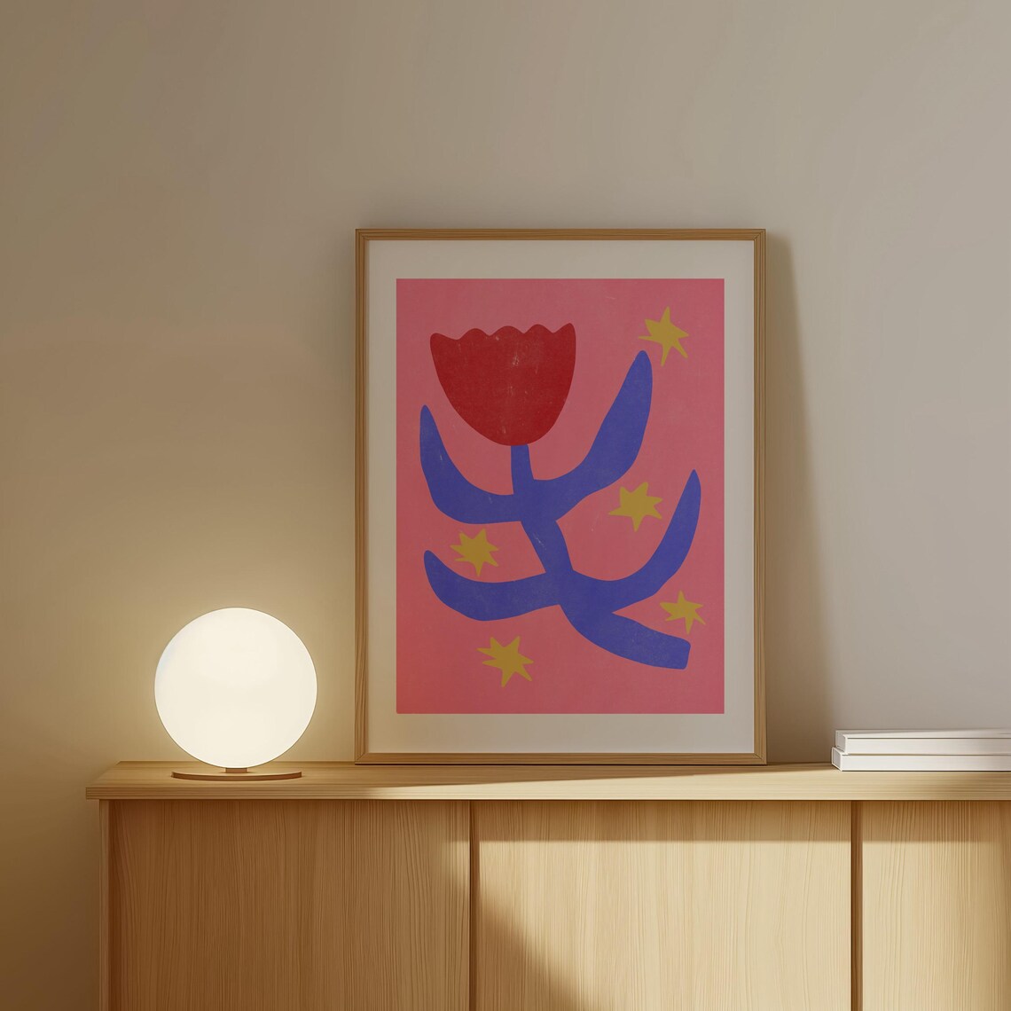 Red Tulip With Blue Leaves And Yellow Stars Pink Folk Art Poster - Image 4