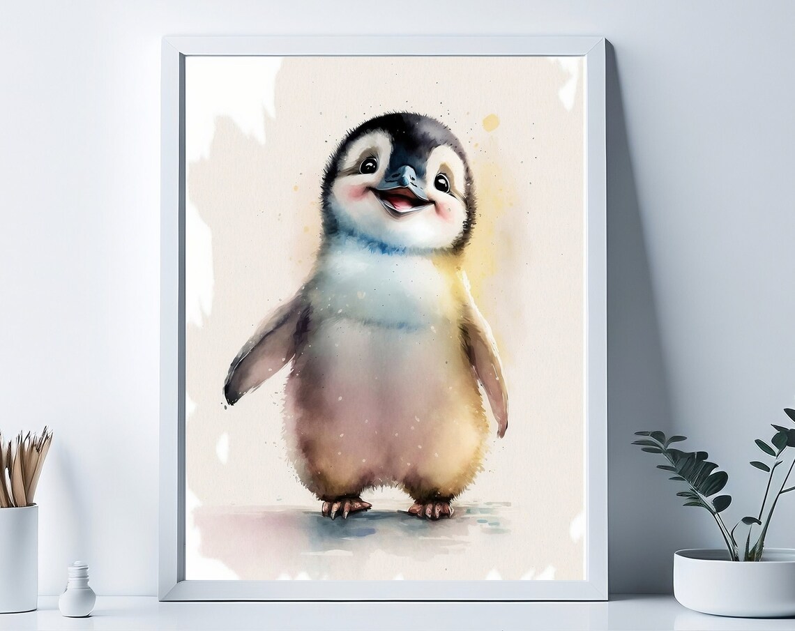 Happy Smiling Baby Penguin Watercolor Chick Kids Nursery Wall Art