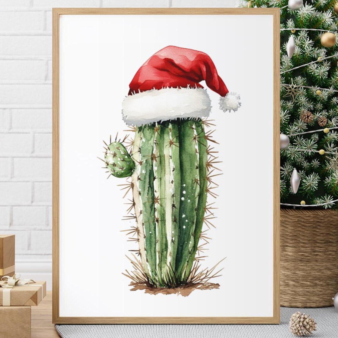 Christmas Cactus Watercolor Painting Santa Hat Holiday Cactus Wall Art