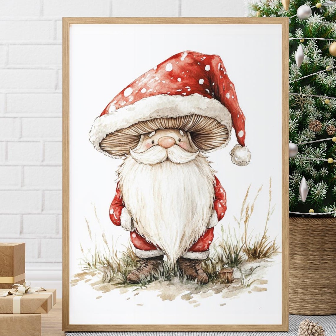 Christmas Gnome With Mushroom Cap Watercolor Holiday Art Poster