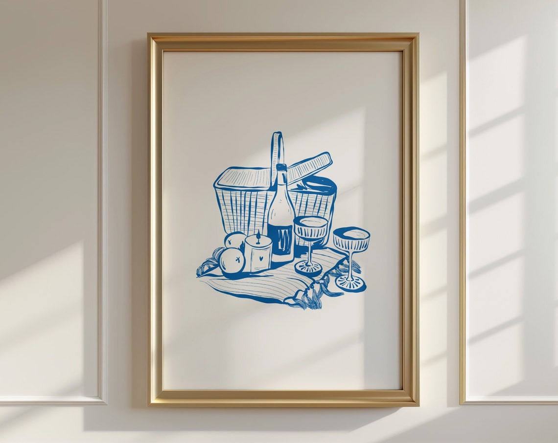 Blue Picnic Basket Wine Glasses Chic Minimalist Line Art Poster