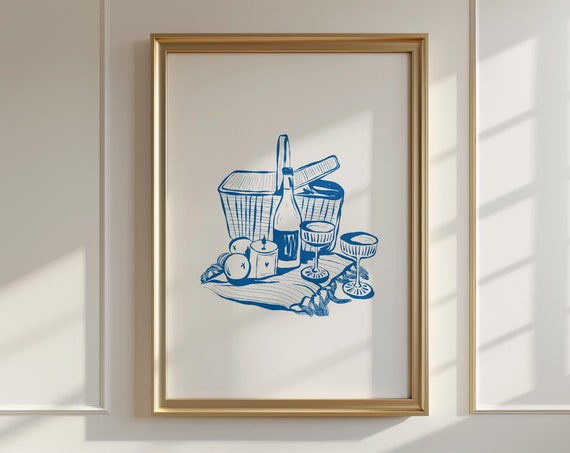 Blue Kitchen Wall Art Food Print Alcohol Minimalist Prints Trendy Cheers Picnic