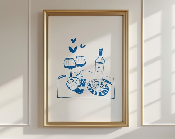Blue Line Wine Glasses Grapes And Hearts Romantic Picnic Art Poster