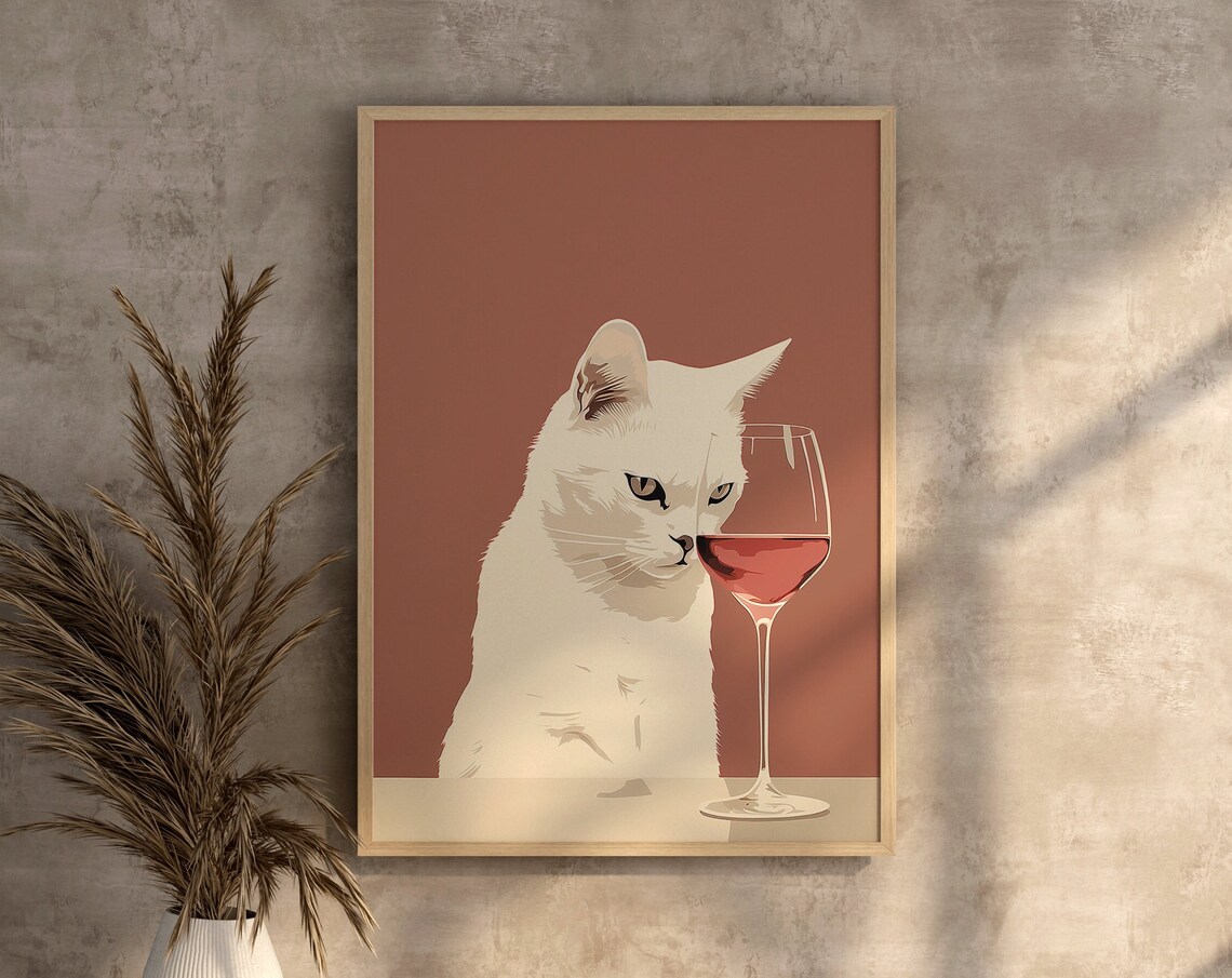 Moody White Cat Art Print, Funny Wine Lover Gift