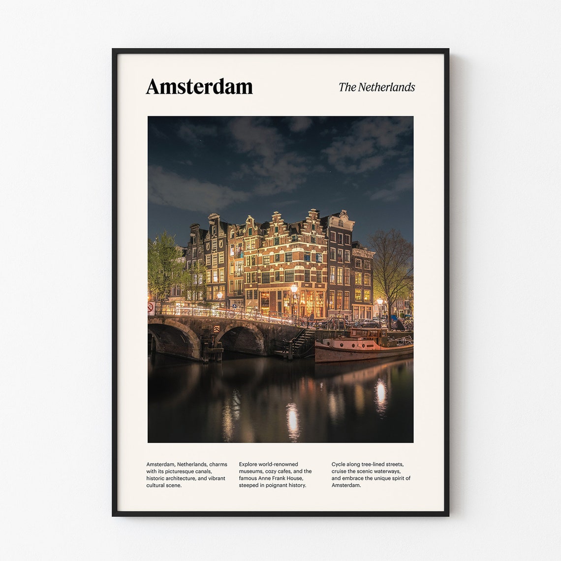 Amsterdam Night Canal Houses Bridge Lights Netherlands Poster