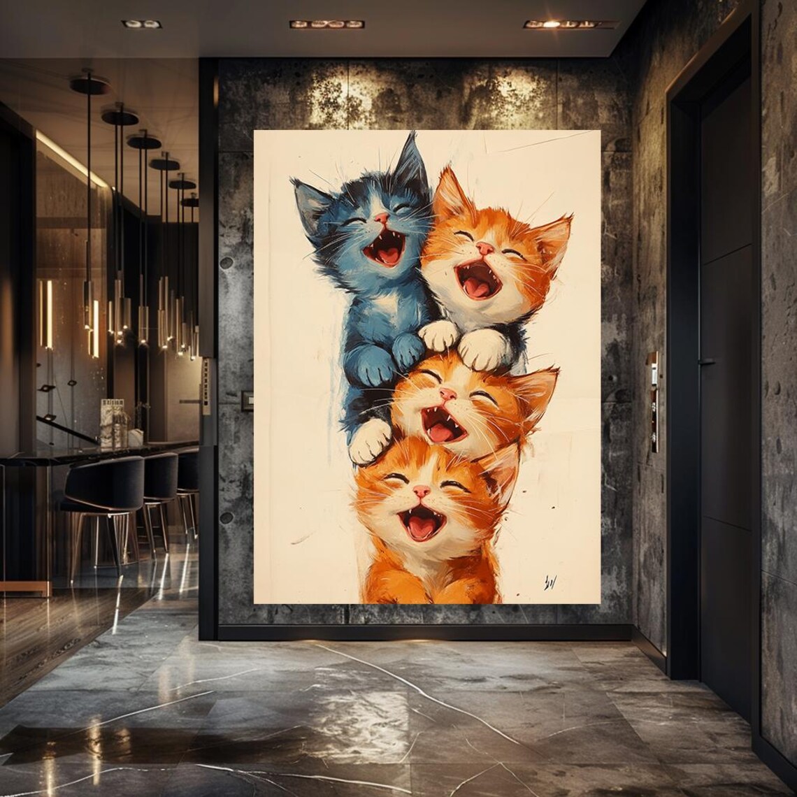 Four Laughing Kittens Stacked High in a Joyful Watercolor Poster - Image 5