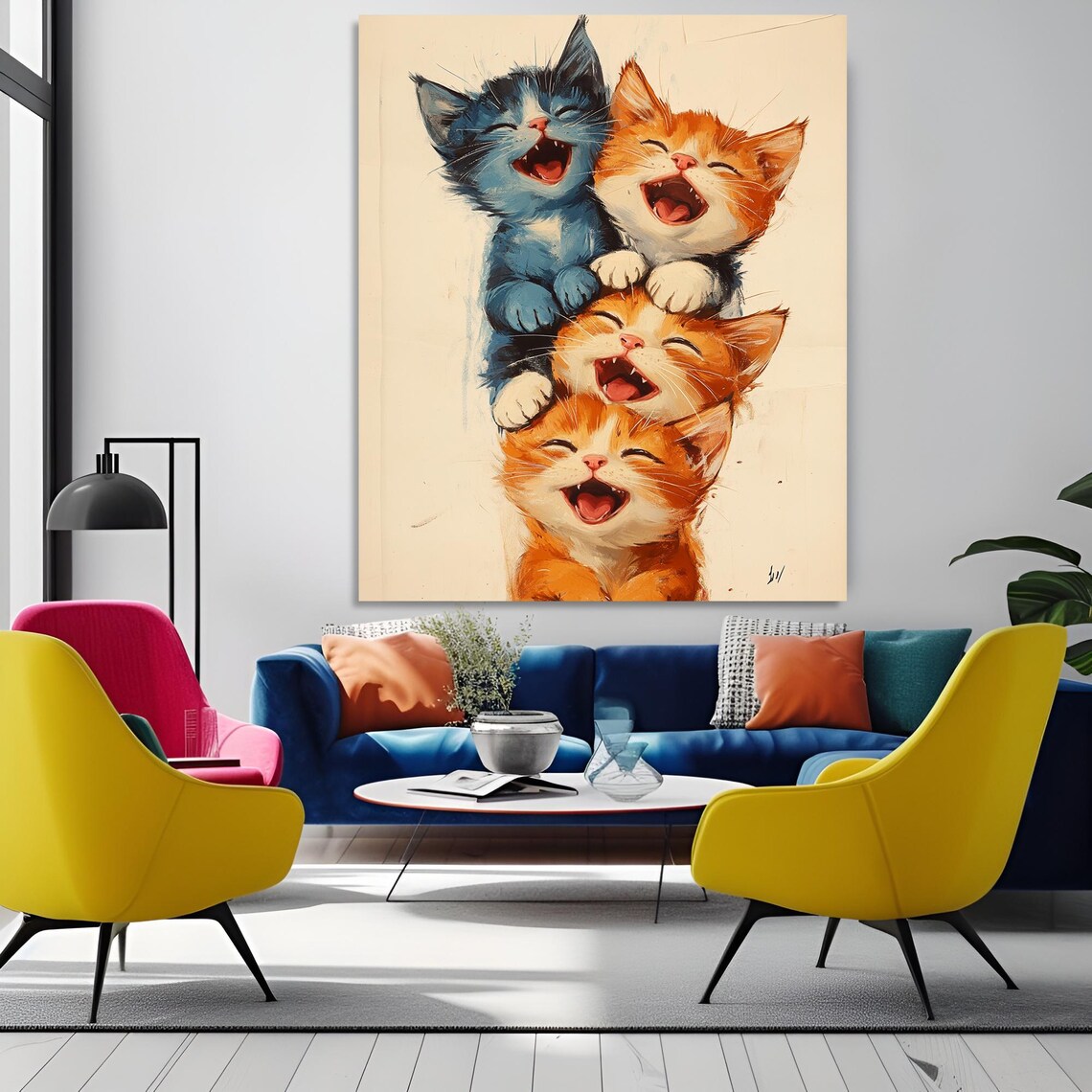 Four Laughing Kittens Stacked High in a Joyful Watercolor Poster - Image 6