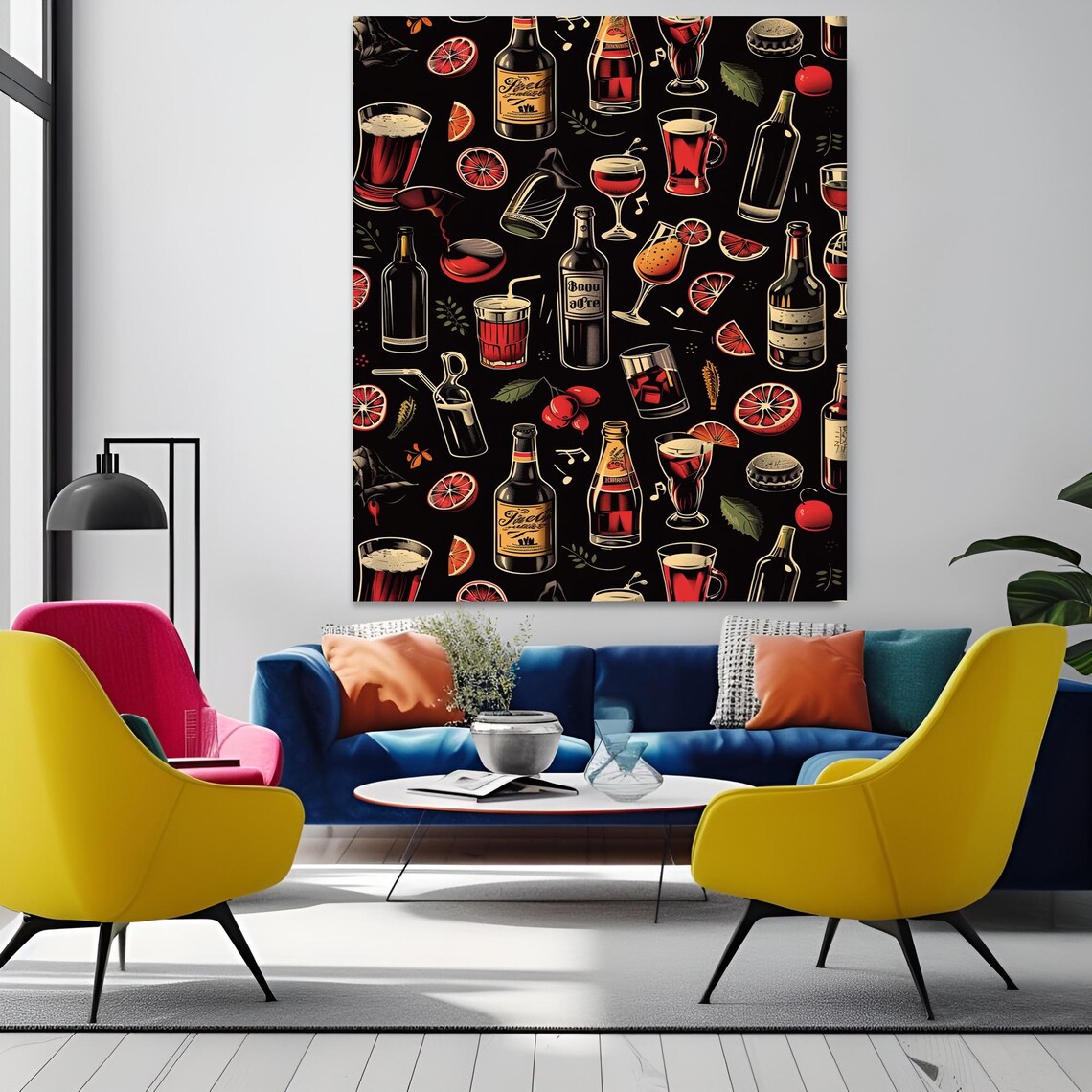Cocktail Wine and Beer Bottles Pattern on a Black Bar Decor Poster - Image 2