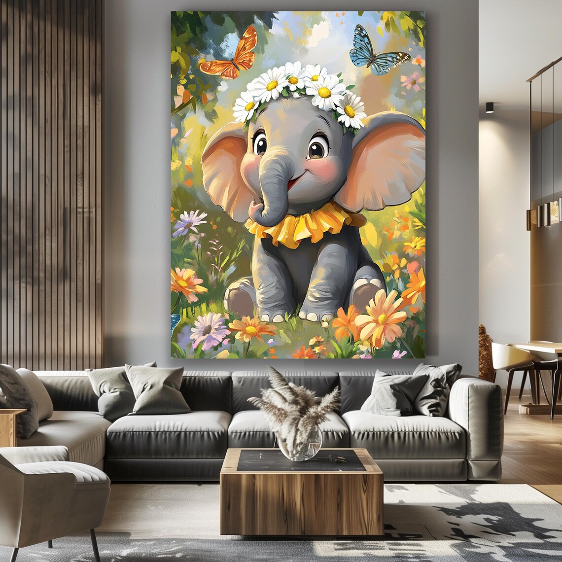 Baby Elephant Daisy Flower Crown Butterfly Garden Nursery Poster - Image 2