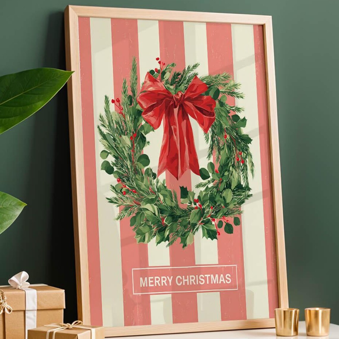 Vintage Christmas Wreath with Red Bow Merry Christmas Retro Stripes Poster