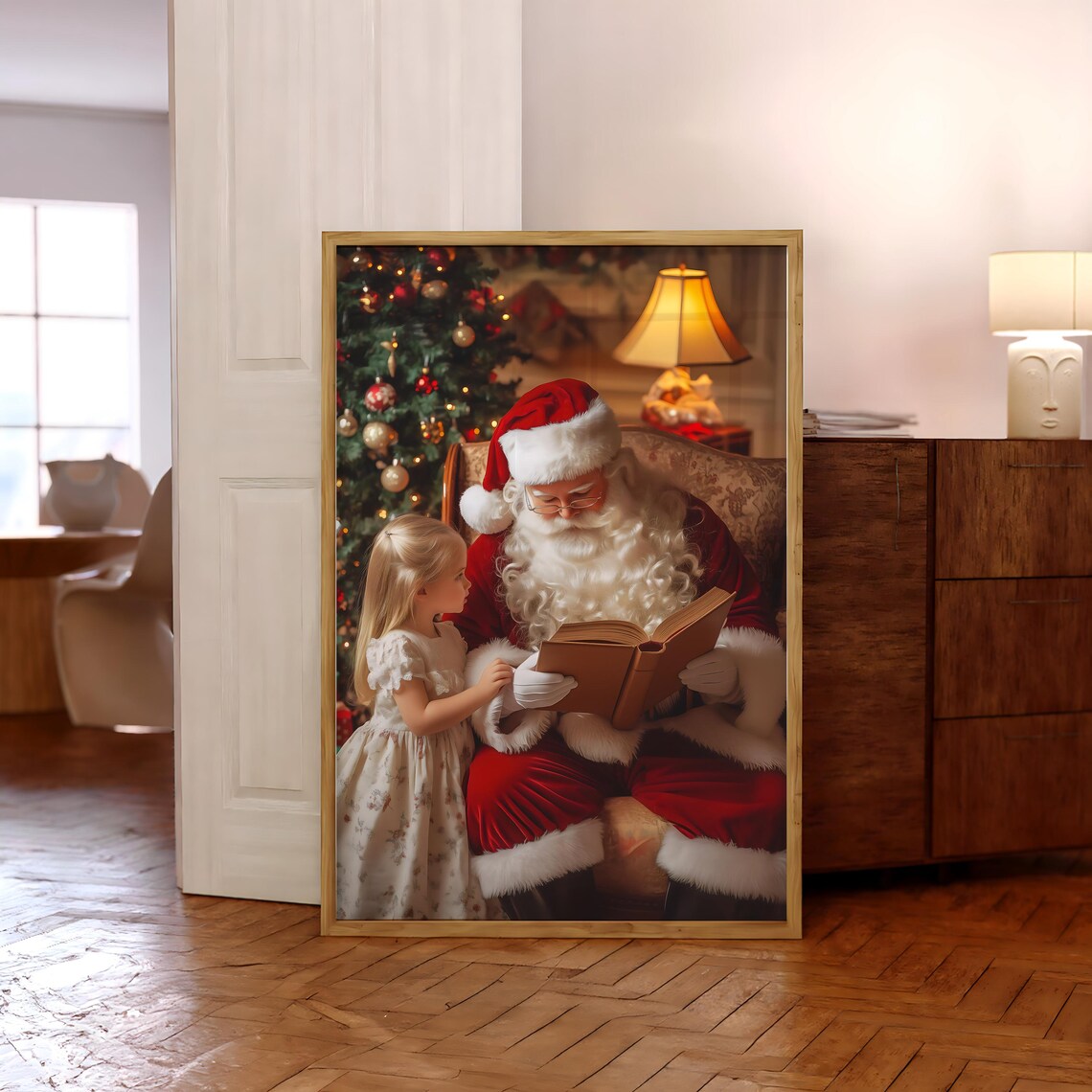 Santa Claus Reading A Story To A Little Girl Christmas Eve Poster