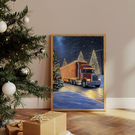 Red Christmas Semi Truck With Lights Snowy Night Holiday Poster