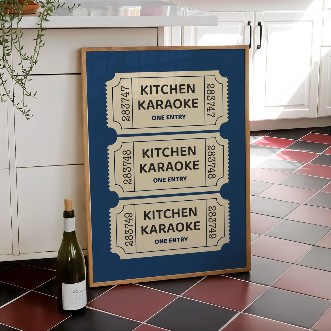Kitchen Karaoke Retro Ticket Stub Trio Navy Kitchen Art Print