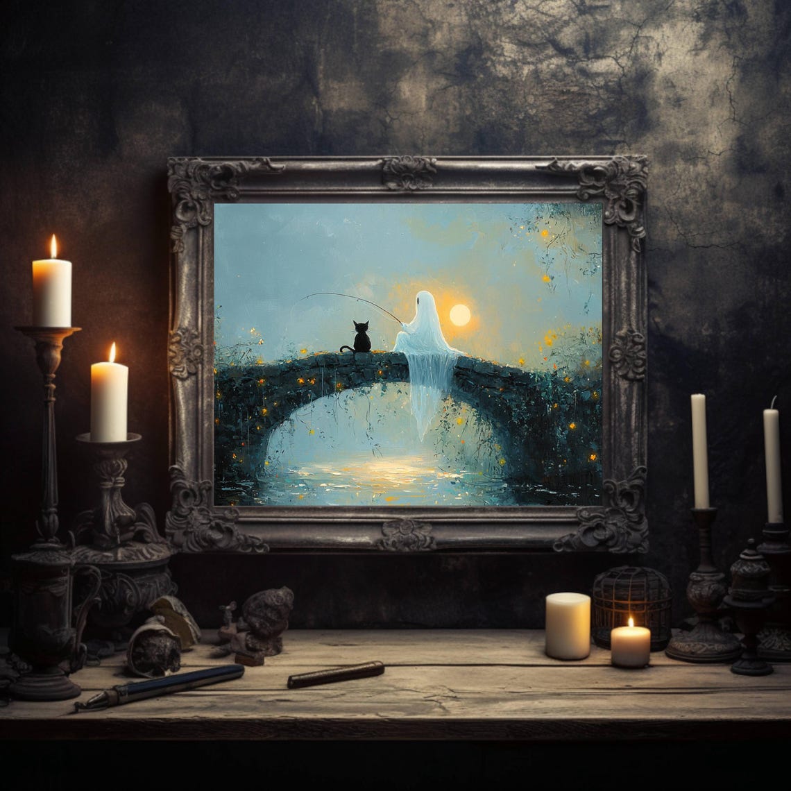 And Black Cat Fishing On A Bridge Poster Whimsigoth Home Decor Lover Gift Cute Print Unframed