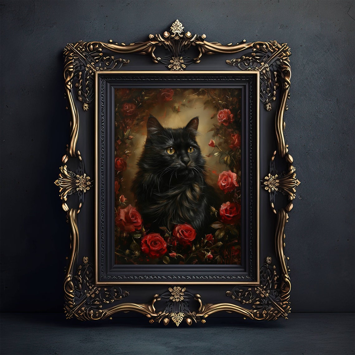 Long Haired Black Cat Portrait Surrounded By Red Roses Oil Poster - Image 4