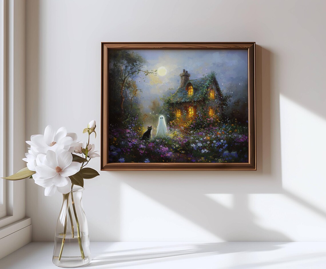 Black Cat and Ghost Cottage, Whimsigoth Art Print - Image 4