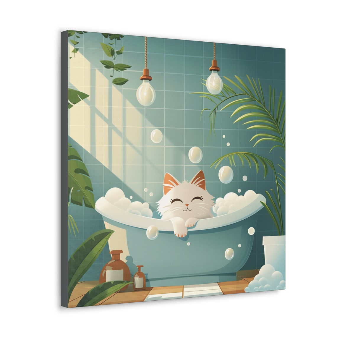 Happy White Cat Relaxing in a Teal Bubble Bath Cartoon Poster - Image 2