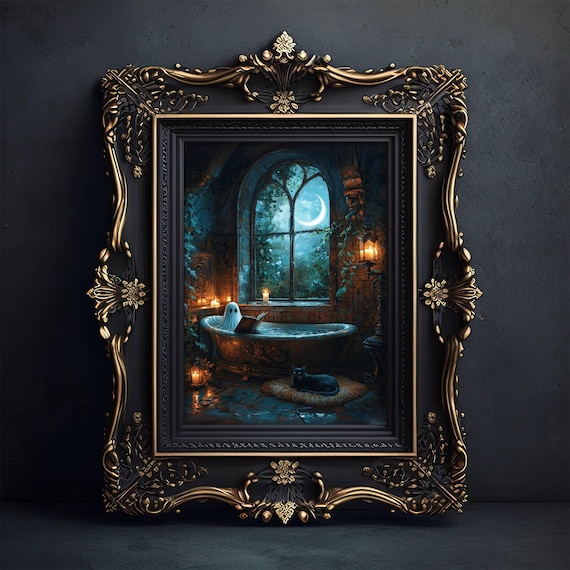 Little Ghost Reading a Book in a Candlelit Bathtub on a Moonlit Night Poster