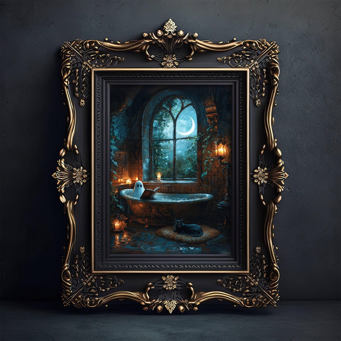 Little Ghost Reading a Book in a Candlelit Bathtub on a Moonlit Night Poster