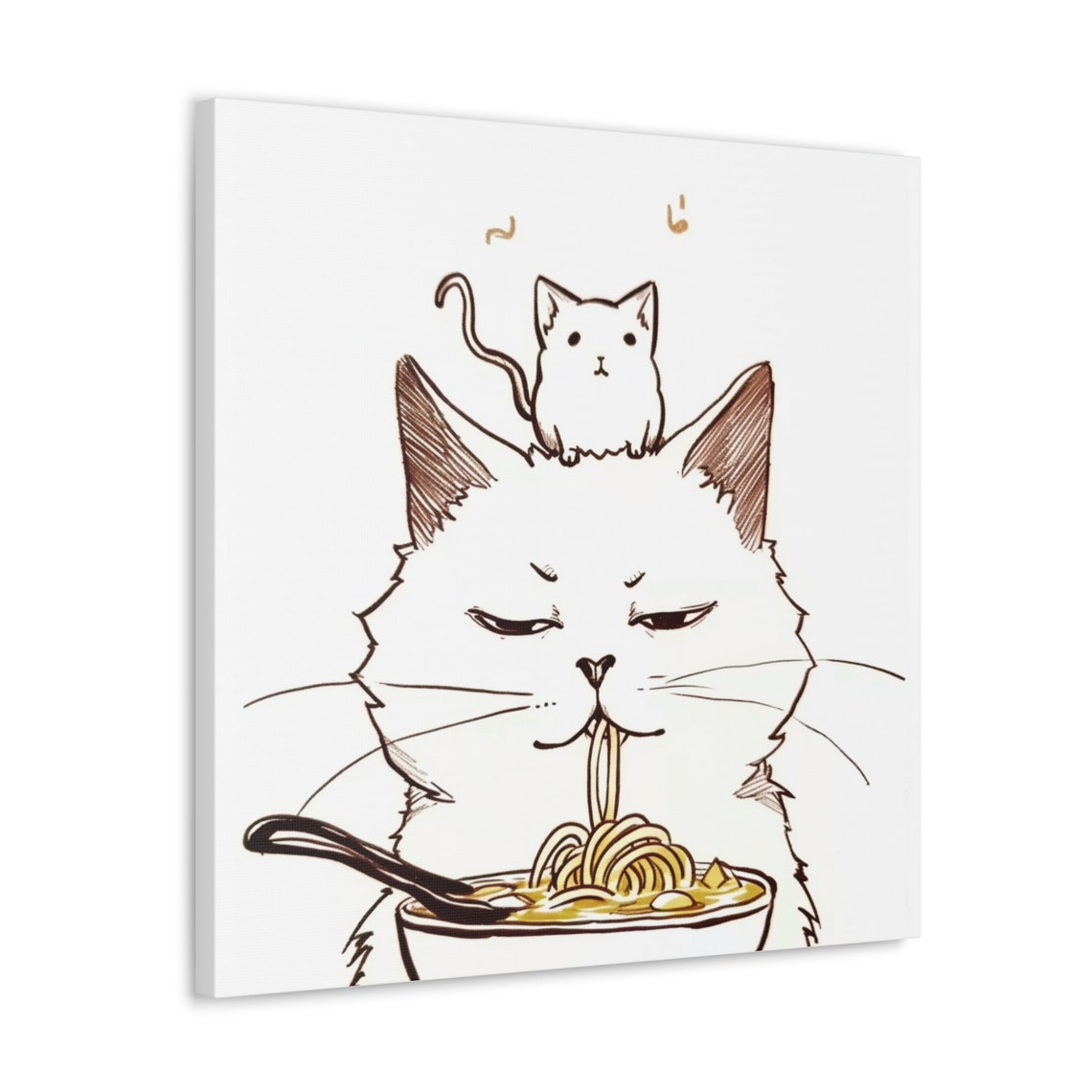 Minimalist White Cat Slurping Ramen Noodles Cute Line Art Poster - Image 4