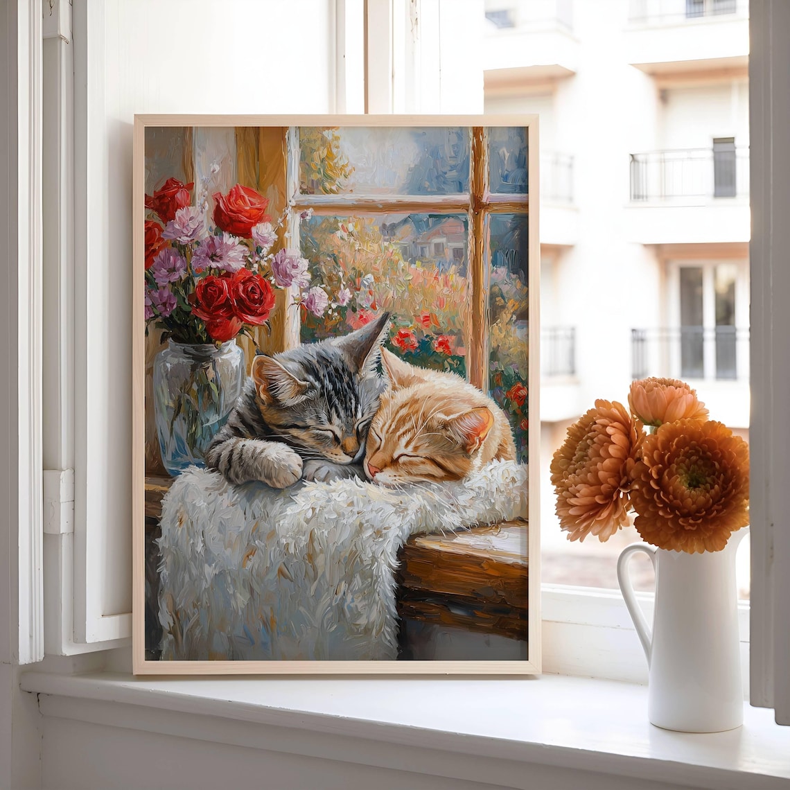 Tabby Cats In Window Floral Cat Art Print