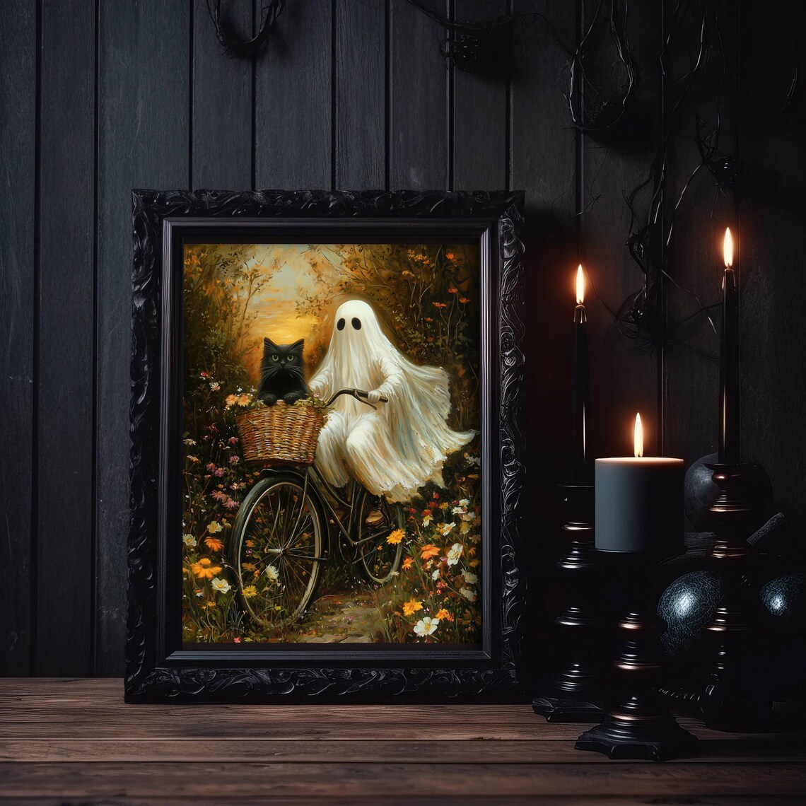 Ghost Riding a Bike With Cat, Whimsigoth Halloween Art Print - Image 3