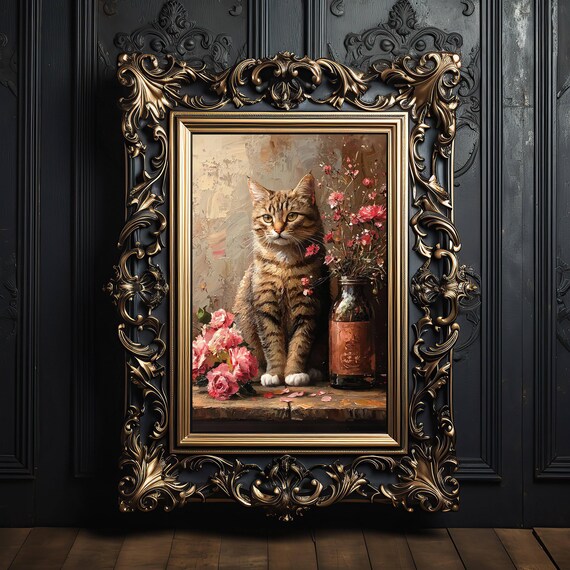 Regal Tabby Cat Sitting Gracefully Among Pink Roses and a Vintage Bottle Poster