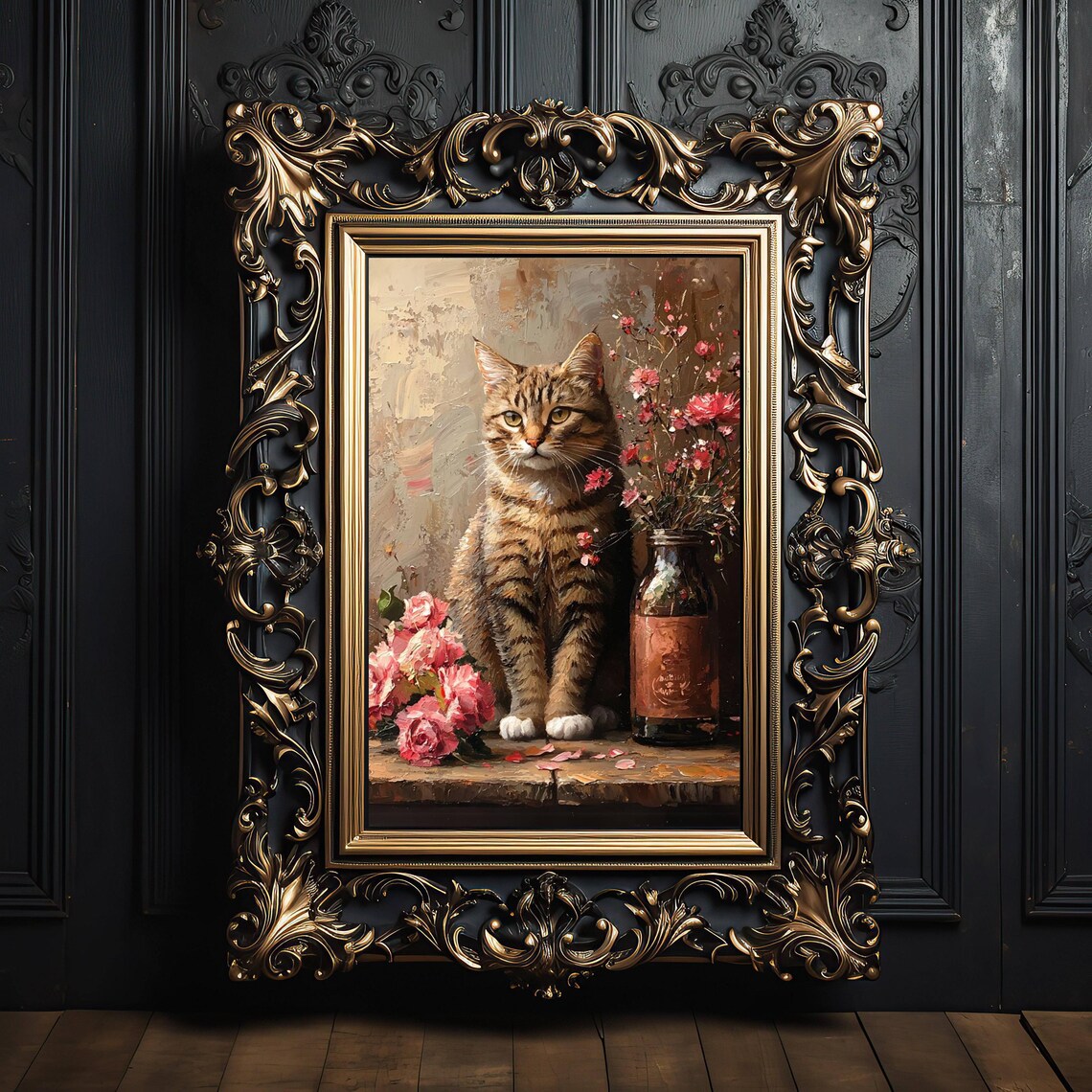 Regal Tabby Cat Sitting Gracefully Among Pink Roses and a Vintage Bottle Poster