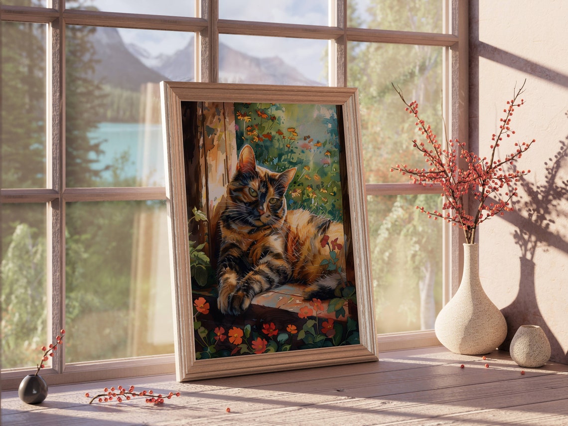 Tortoiseshell Cat Lounging In A Sunlit Cottage Flower Garden Poster - Image 3