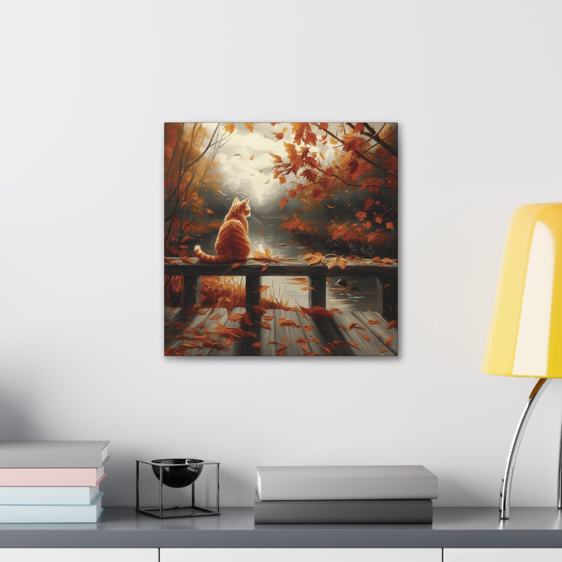 Orange Cat on Autumn Bridge Watching Fall Lake Leaves Painting Poster - Image 5