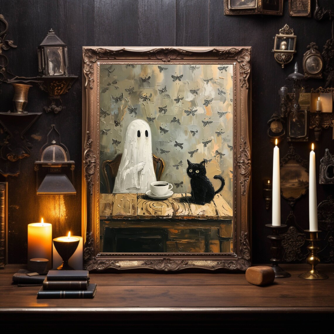 Coffee Time Ghost and Black Cat, Halloween Art Print - Image 4