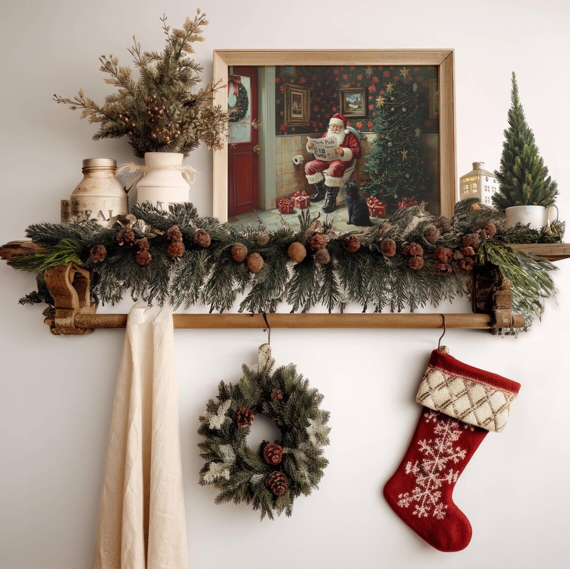 Santa Claus Reading North Pole News on a Toilet With Black Cat Poster - Image 6