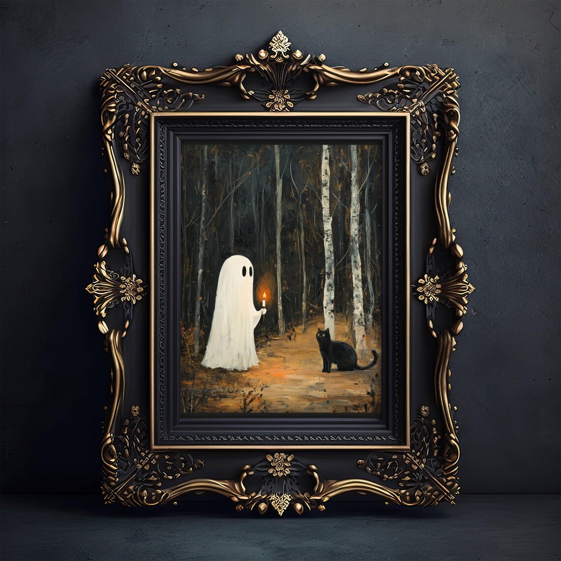 Black Cat And Ghost In Forest, Whimsigoth Art Print - Image 3