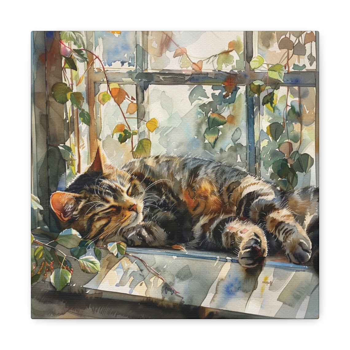 Tabby Cat Napping on a Sunny Window Sill With Green Ivy Poster