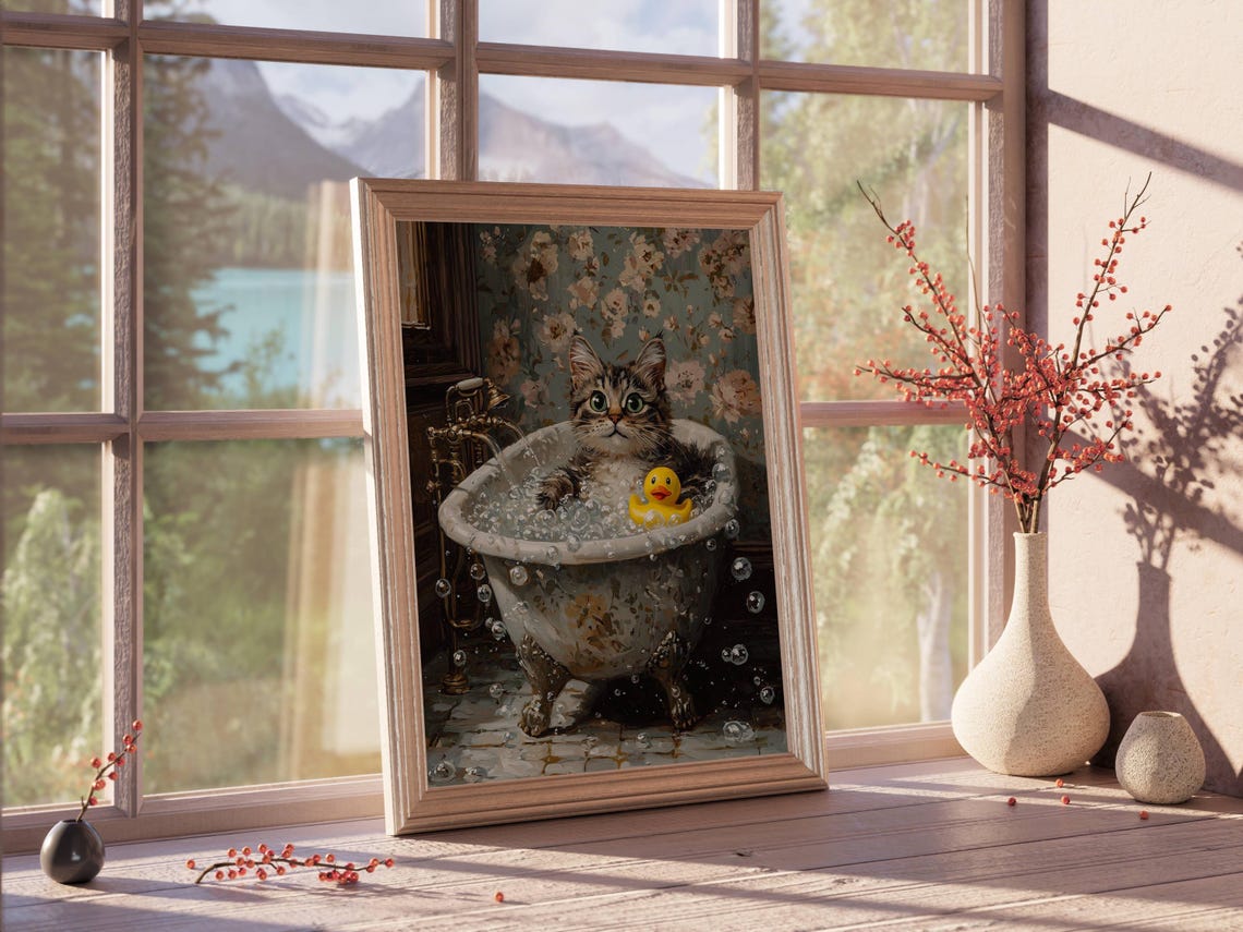 Fluffy Tabby Kitten With a Rubber Duck in a Bubble Bath Poster - Image 2