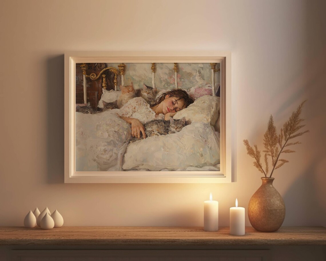 Woman Napping With Her Cats, Cat Lover Art Print - Image 2